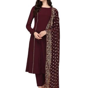 FIORRA Women's Maroon Poly Crepe Straight Kurta with Pant and Dupatta